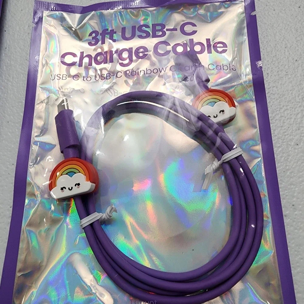 Purple Wired Earbuds 3.5 Aux Cable/ 3ft USB-C Charge Cable Rainbow Charms New